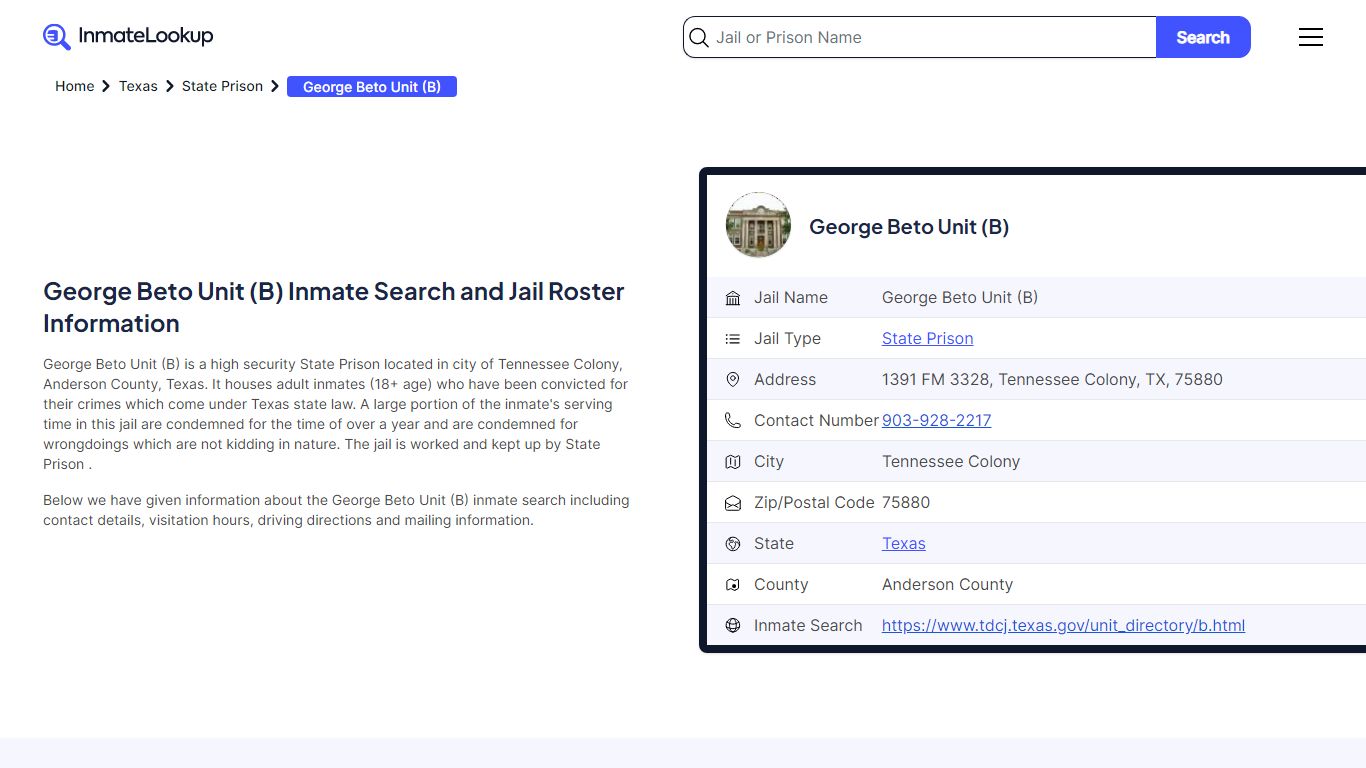 George Beto Unit (B) Inmate Search and Jail Roster Information